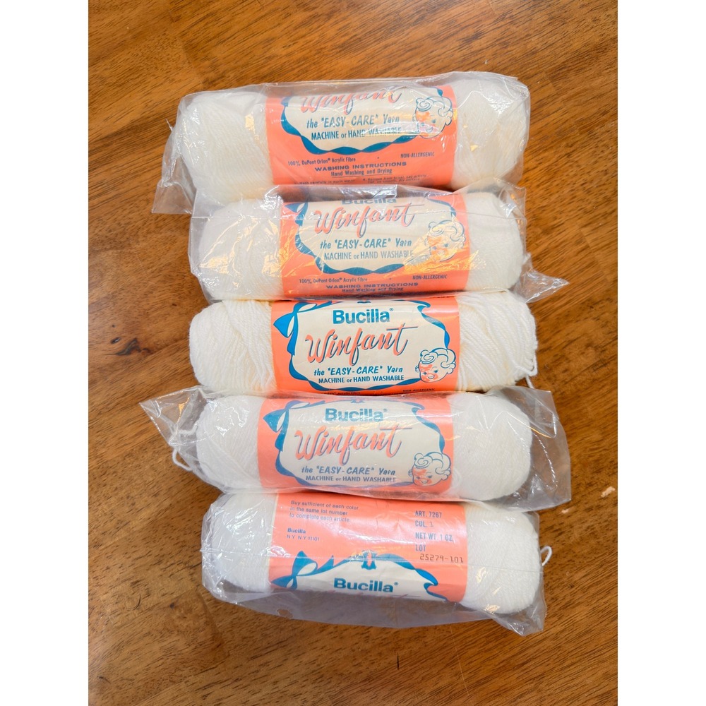 Bucilla Winfant Easy-Care White Acrylic Yarn Lot 5 Skeins Art 7267 Vintage USA